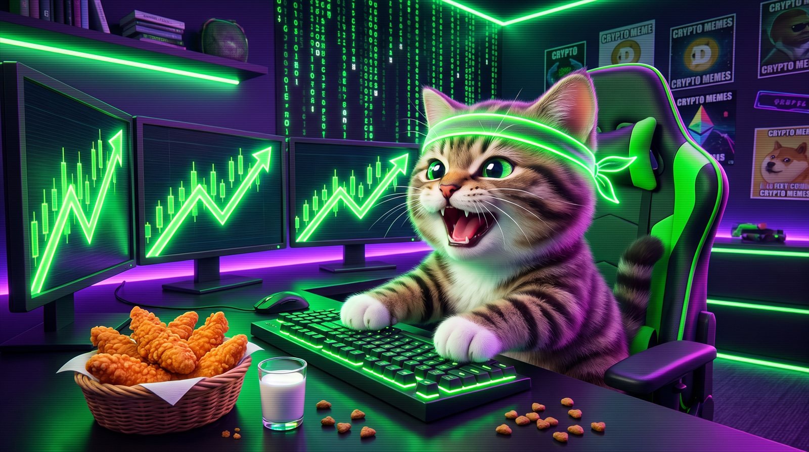 The Roaring Kitty kitten at its trading battle station with tendies and green charts