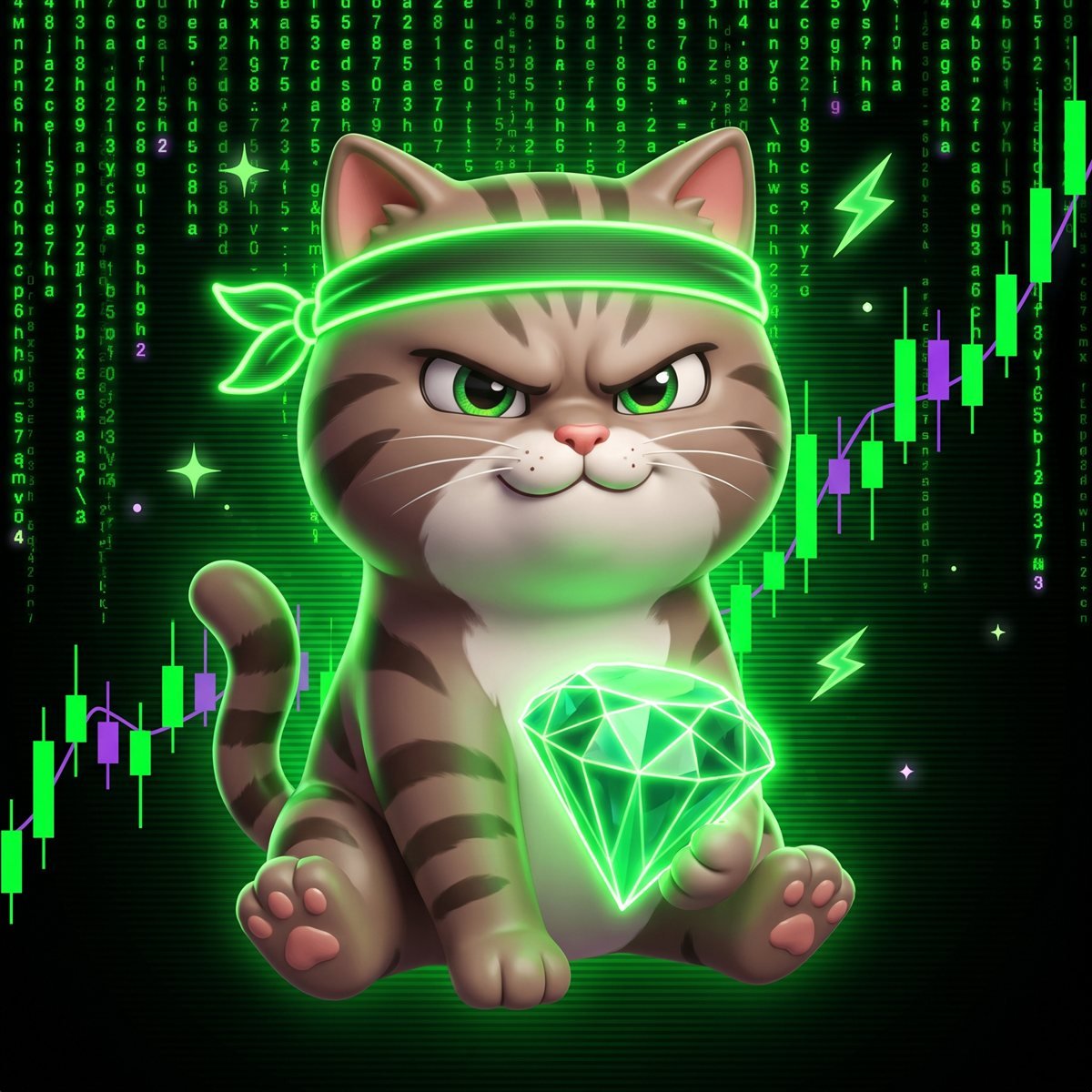 The Roaring Kitty kitten holding a glowing green diamond between its paws