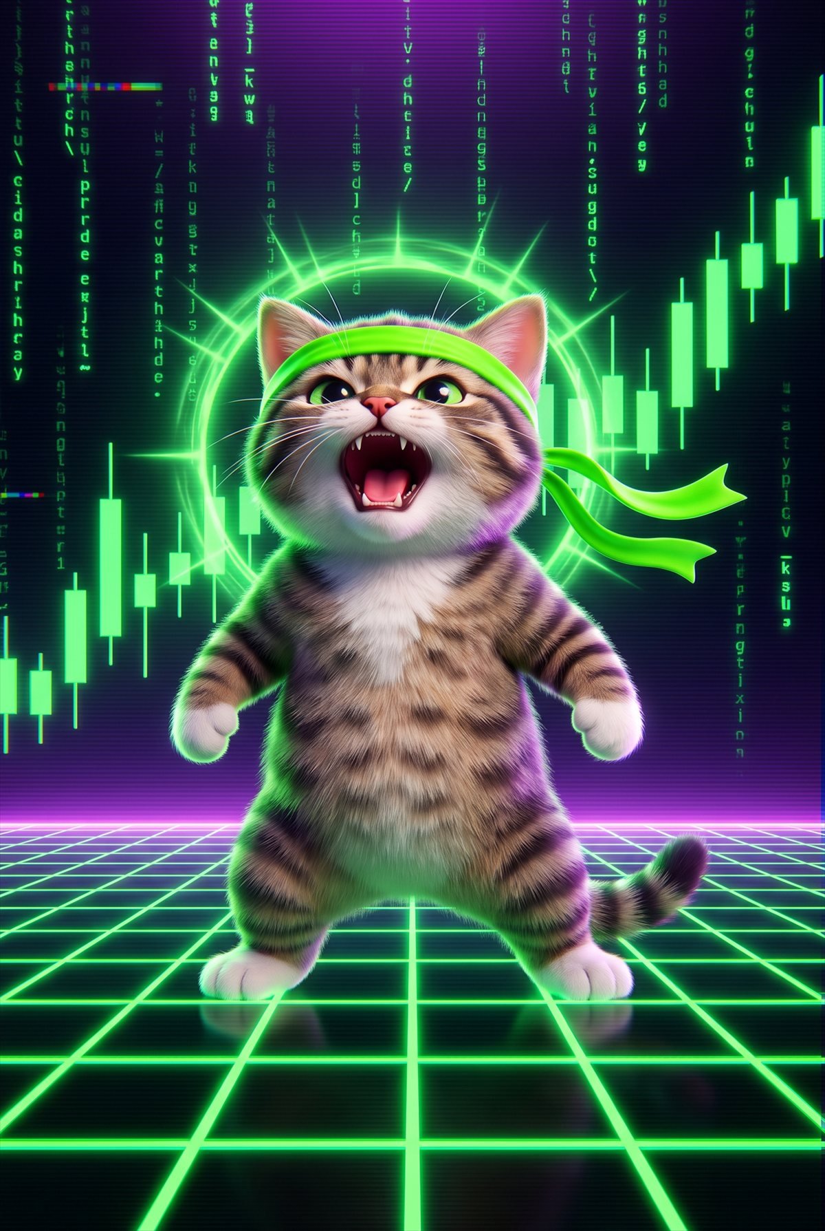 Roaring Kitty, the green bandana kitten, mid roar on a neon grid