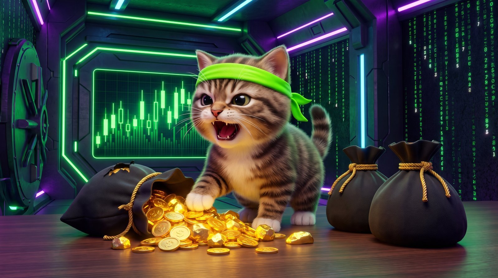 The Roaring Kitty kitten guarding sacks of gold in the vault